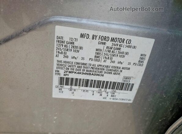 2FMPK4K94NBA09636 2022 FORD EDGE Silver Vista interior de 360 grados