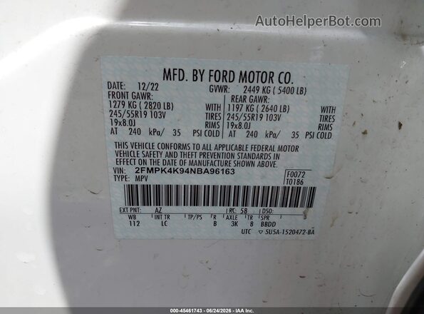 2FMPK4K94NBA96163 2022 FORD EDGE White Engine compartment view