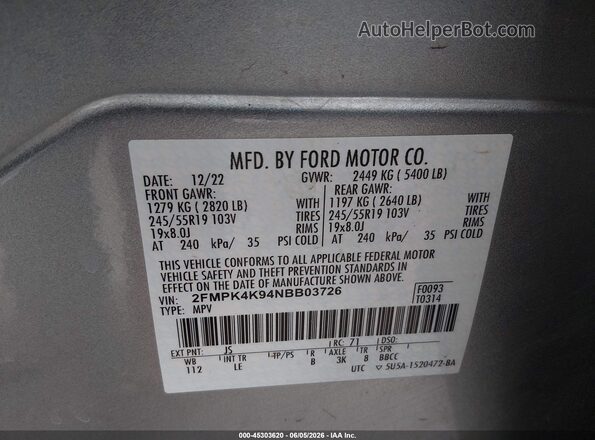 2FMPK4K94NBB03726 2022 FORD EDGE Silver ძრავის განყოფილების ხედი