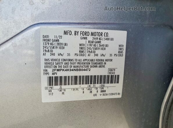 2FMPK4K94NBB04472 2022 FORD EDGE Silver სალონის 360-გრადუსიანი ხედი