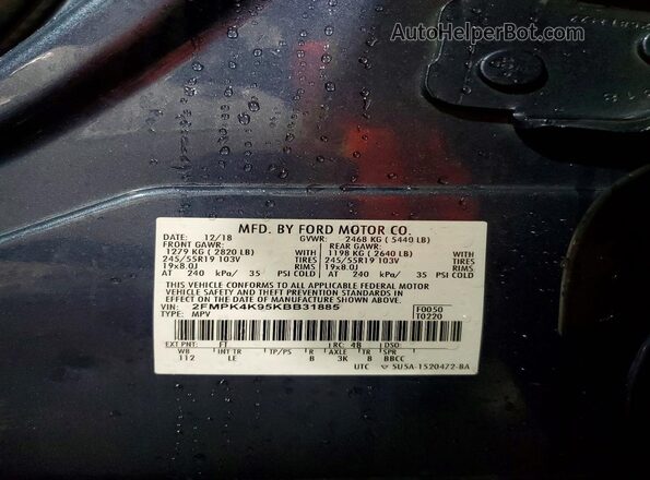 2FMPK4K95KBB31885 2019 FORD EDGE Синий Вид наклейки с VIN-кодом