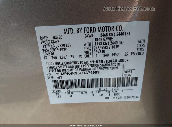 2FMPK4K95LBA76999 2020 FORD EDGE Beige Engine compartment view