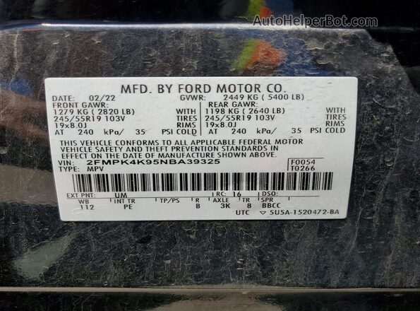 2FMPK4K95NBA39325 2022 FORD EDGE Black VIN կոդի պիտակի տեսք