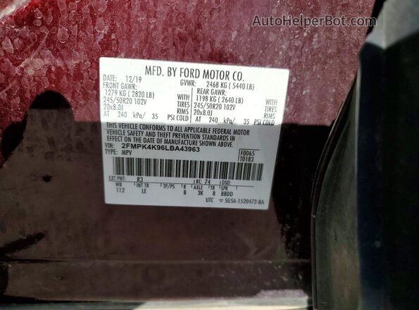 2FMPK4K96LBA43963 2020 FORD EDGE Burgundy ძრავის განყოფილების ხედი