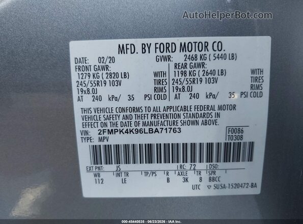 2FMPK4K96LBA71763 2020 FORD EDGE Silver Շարժիչի բաժամունքի տեսք