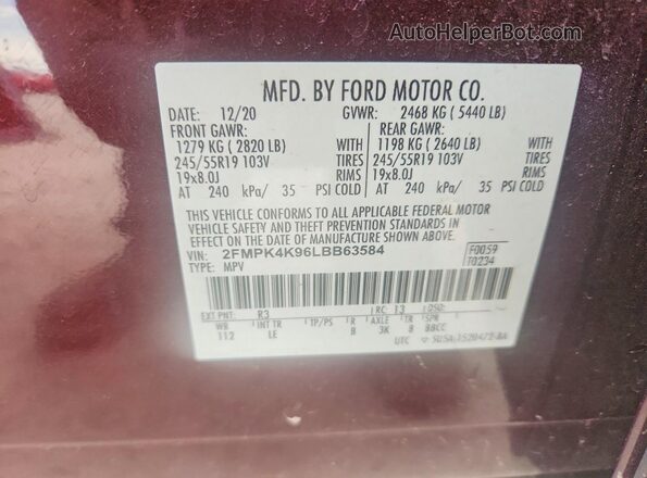 2FMPK4K96LBB63584 2020 FORD EDGE Burgundy 
