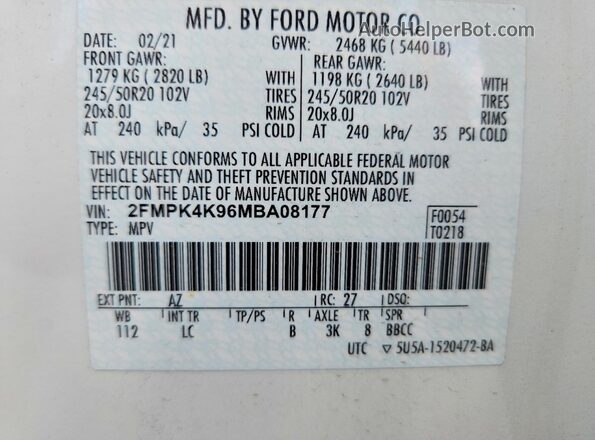 2FMPK4K96MBA08177 2021 FORD EDGE White VIN sticker view