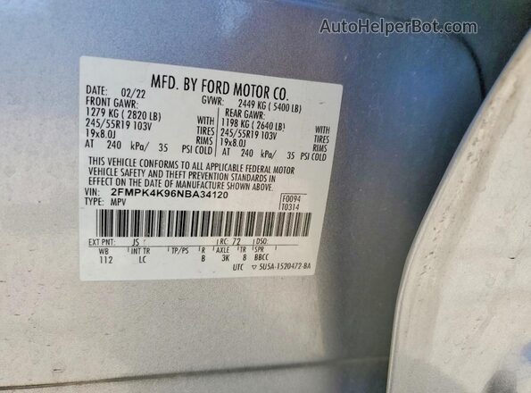 2FMPK4K96NBA34120 2022 FORD EDGE Silver Vista de la etiqueta del VIN