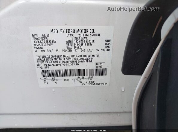2FMPK4K97GBC37410 2016 FORD EDGE White Vista del compartimento del motor