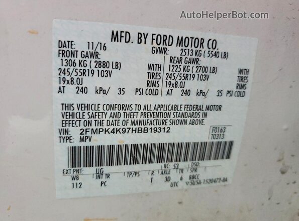2FMPK4K97HBB19312 2017 FORD EDGE White VIN sticker view