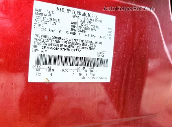 2FMPK4K97HBB87772 2017 FORD EDGE Red Vista interior de 360 grados
