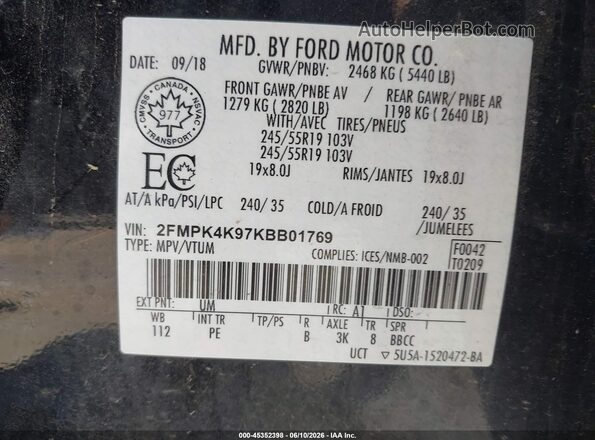 2FMPK4K97KBB01769 2019 FORD EDGE Black Engine compartment view