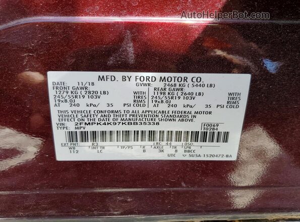 2FMPK4K97KBB35338 2019 FORD EDGE Burgundy Vista interior de 360 grados