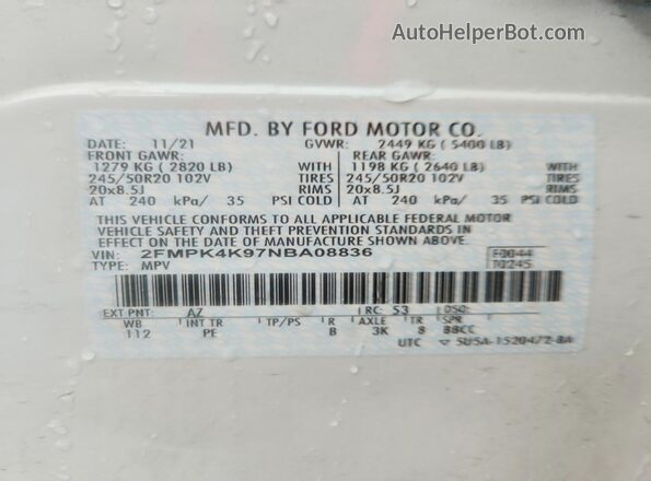 2FMPK4K97NBA08836 2022 FORD EDGE Белый Вид наклейки с VIN-кодом