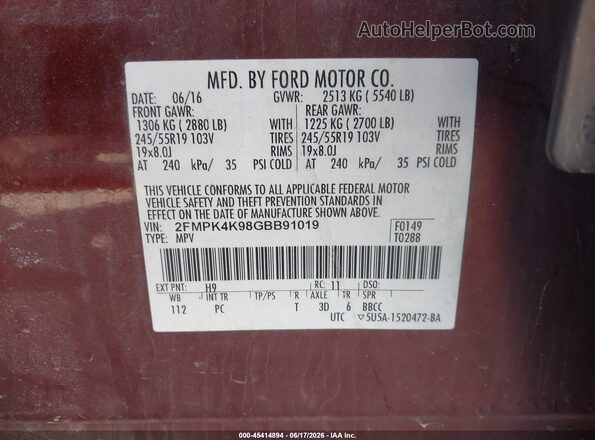 2FMPK4K98GBB91019 2016 FORD EDGE Brown Вид підкапотного простору