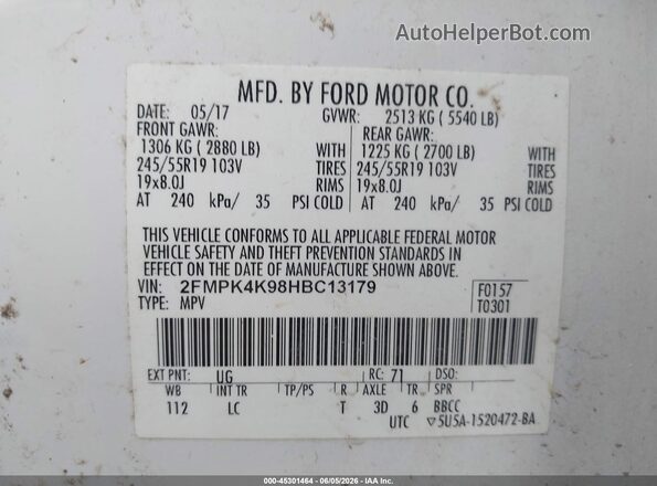 2FMPK4K98HBC13179 2017 FORD EDGE White Вид підкапотного простору