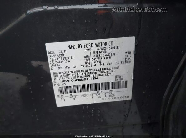 2FMPK4K98MBA04454 2021 FORD EDGE Black Vista del compartimento del motor