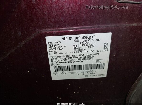 2FMPK4K98MBA39138 2021 FORD EDGE Burgundy Engine compartment view