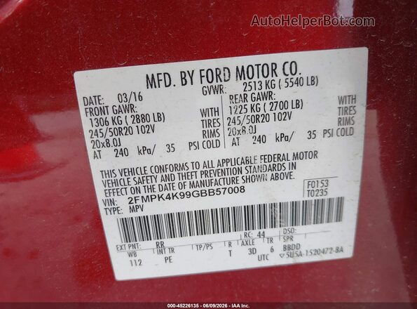 2FMPK4K99GBB57008 2016 FORD EDGE Red Շարժիչի բաժամունքի տեսք