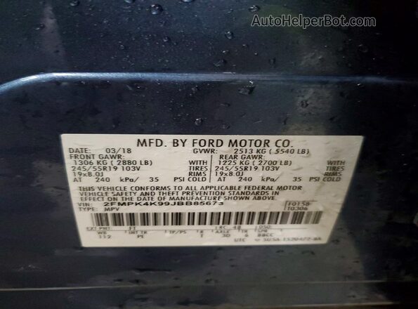 2FMPK4K99JBB85673 2018 FORD EDGE Blue VIN կոդի պիտակի տեսք