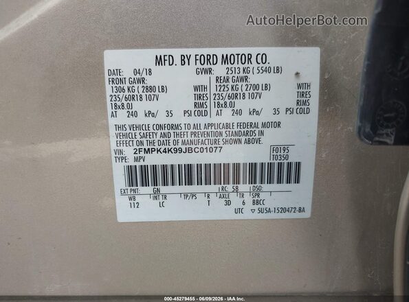 2FMPK4K99JBC01077 2018 FORD EDGE Champagne Vista del compartimento del motor