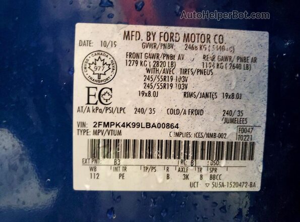 2FMPK4K99LBA00864 2020 FORD EDGE Blue Vista de la etiqueta del VIN