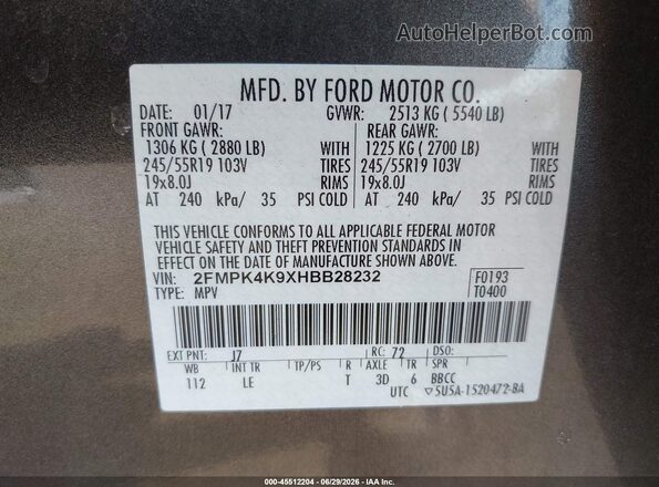 2FMPK4K9XHBB28232 2017 FORD EDGE Серый Вид подкапотного пространства