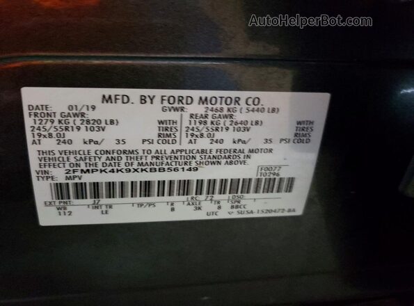 2FMPK4K9XKBB56149 2019 FORD EDGE Gray 
