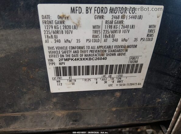 2FMPK4K9XKBC26040 2019 FORD EDGE Blue Engine compartment view