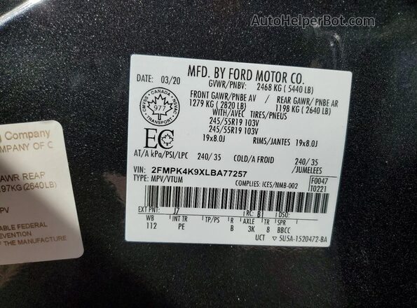 2FMPK4K9XLBA77257 2020 FORD EDGE Gray Widok naklejki z numerem VIN