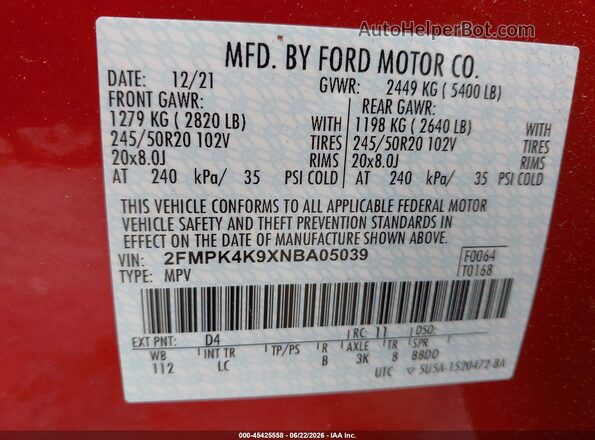 2FMPK4K9XNBA05039 2022 FORD EDGE Red Engine compartment view