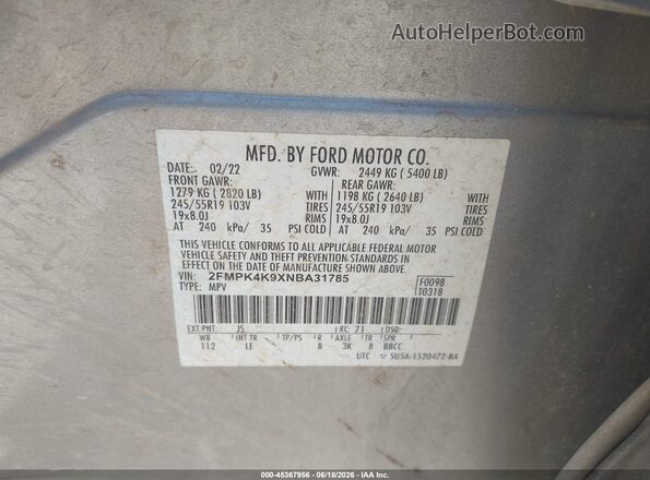 2FMPK4K9XNBA31785 2022 FORD EDGE Silver Widok komory silnika