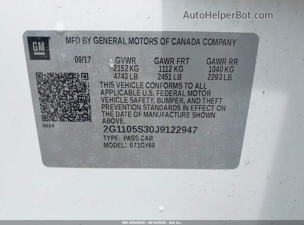 2G1105S30J9122947 2018 CHEVROLET IMPALA White Vista del compartimento del motor