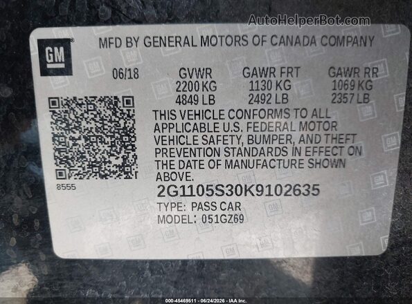 2G1105S30K9102635 2019 CHEVROLET IMPALA Черный Вид подкапотного пространства