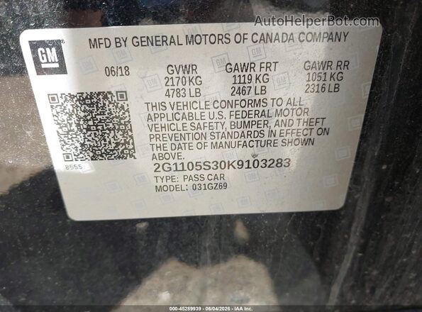 2G1105S30K9103283 2019 CHEVROLET IMPALA Black ძრავის განყოფილების ხედი