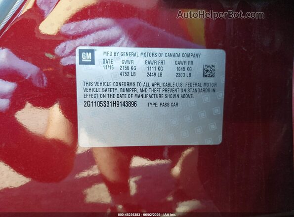 2G1105S31H9143896 2017 CHEVROLET IMPALA Red ძრავის განყოფილების ხედი