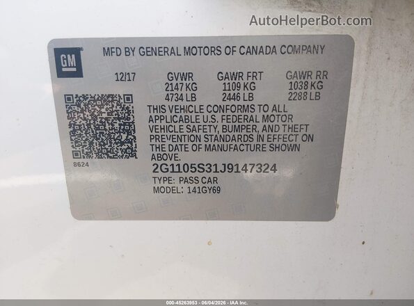 2G1105S31J9147324 2018 CHEVROLET IMPALA White Вид підкапотного простору