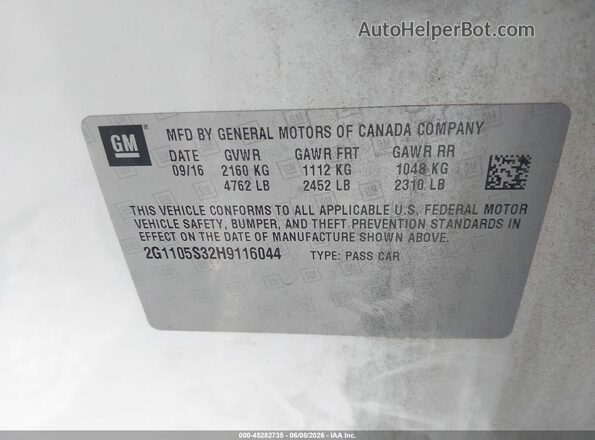 2G1105S32H9116044 2017 CHEVROLET IMPALA White Vista del compartimento del motor