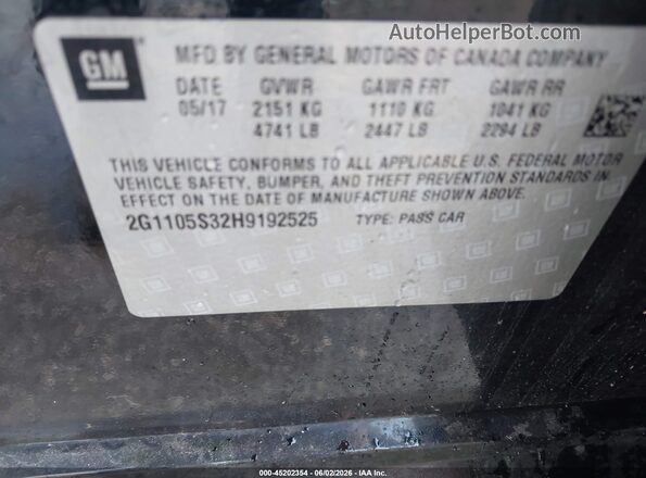 2G1105S32H9192525 2017 CHEVROLET IMPALA Black Engine compartment view