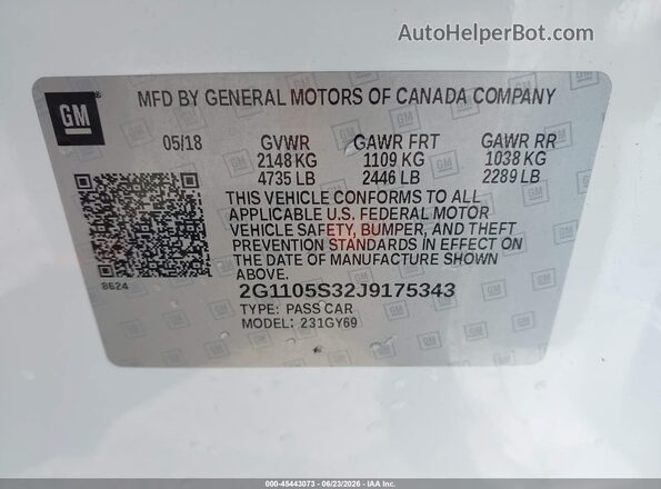2G1105S32J9175343 2018 CHEVROLET IMPALA Белый Вид подкапотного пространства