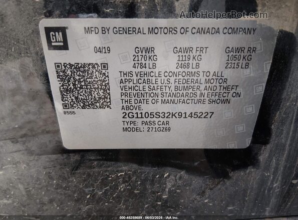2G1105S32K9145227 2019 CHEVROLET IMPALA Black ძრავის განყოფილების ხედი