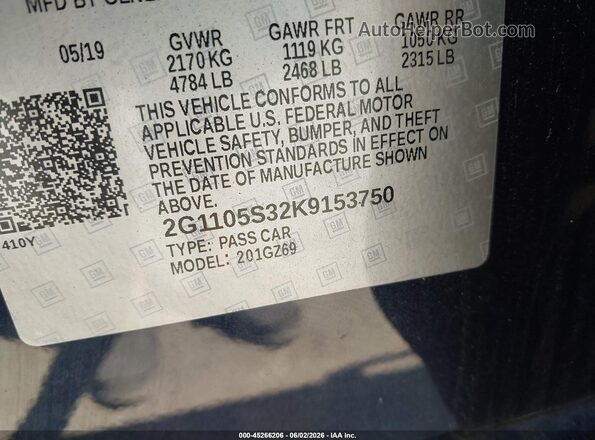 2G1105S32K9153750 2019 CHEVROLET IMPALA Dark Blue Widok komory silnika