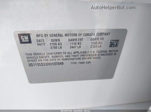 2G1105S33H9187849 2017 CHEVROLET IMPALA White Vista del compartimento del motor