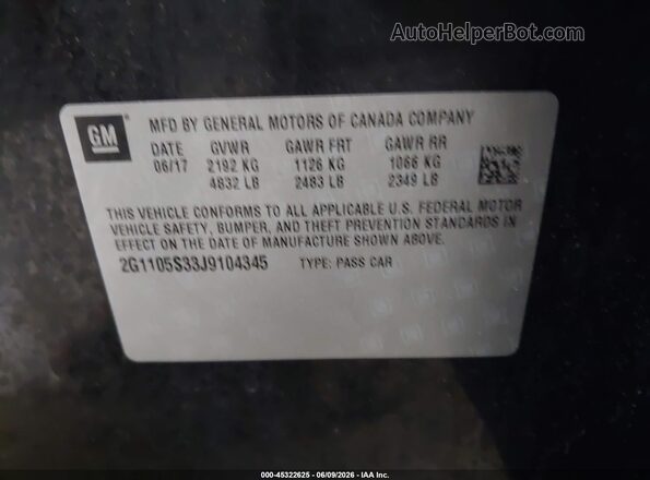 2G1105S33J9104345 2018 CHEVROLET IMPALA Black Vista del compartimento del motor