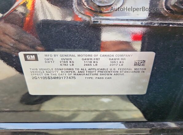 2G1105S34H9177475 2017 CHEVROLET IMPALA Black Vista de la etiqueta del VIN