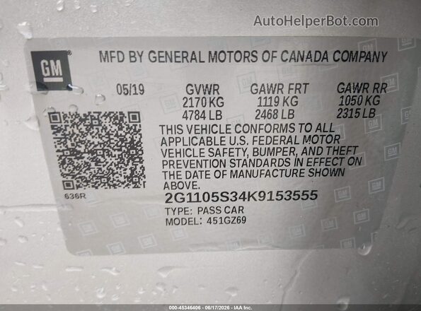 2G1105S34K9153555 2019 CHEVROLET IMPALA Серебряный Вид подкапотного пространства