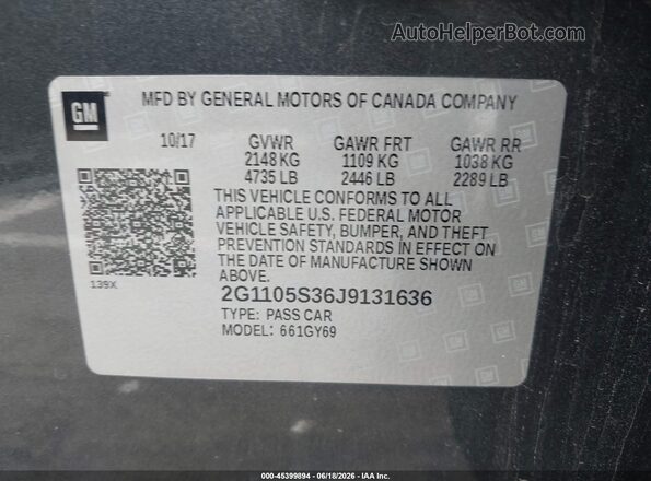 2G1105S36J9131636 2018 CHEVROLET IMPALA Gray Vista del compartimento del motor