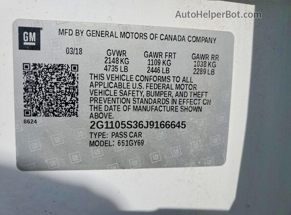 2G1105S36J9166645 2018 CHEVROLET IMPALA White VIN sticker view