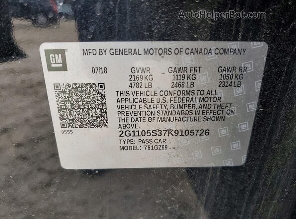 2G1105S37K9105726 2019 CHEVROLET IMPALA Black VIN კოდის სტიკერის ხედი
