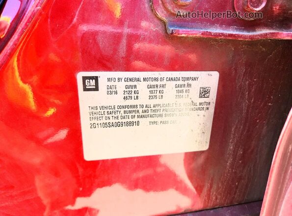 2G1105SA0G9188910 2016 CHEVROLET IMPALA Red Вид наклейки з VIN-кодом